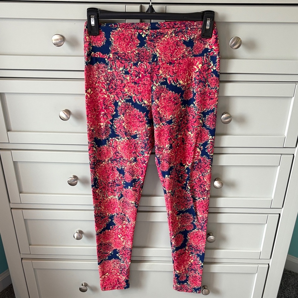 LuLaRoe OS Floral Leggings - Pink and Blue